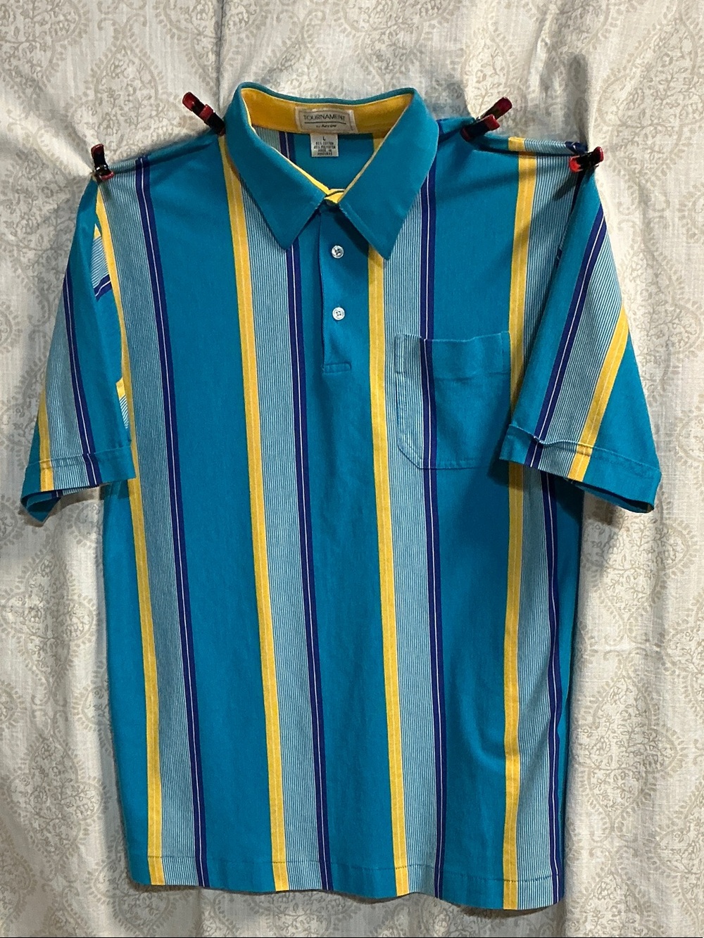 Vintage 90s Tournament Arrow Men's Turquoise Polo with Yellow and Navy Stripes